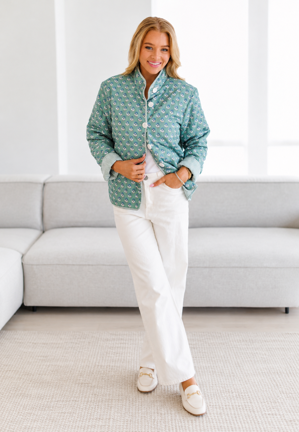 Chaqueta acolchada mujer microfloral cuello alto botones puños vueltos - Bodil