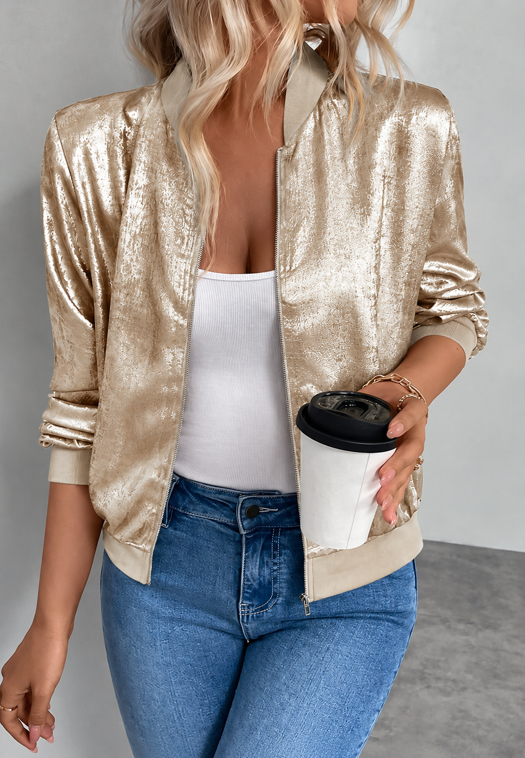 Cazadora bomber mujer corta cremallera bajo elástico volumen superior otoño - Nalia