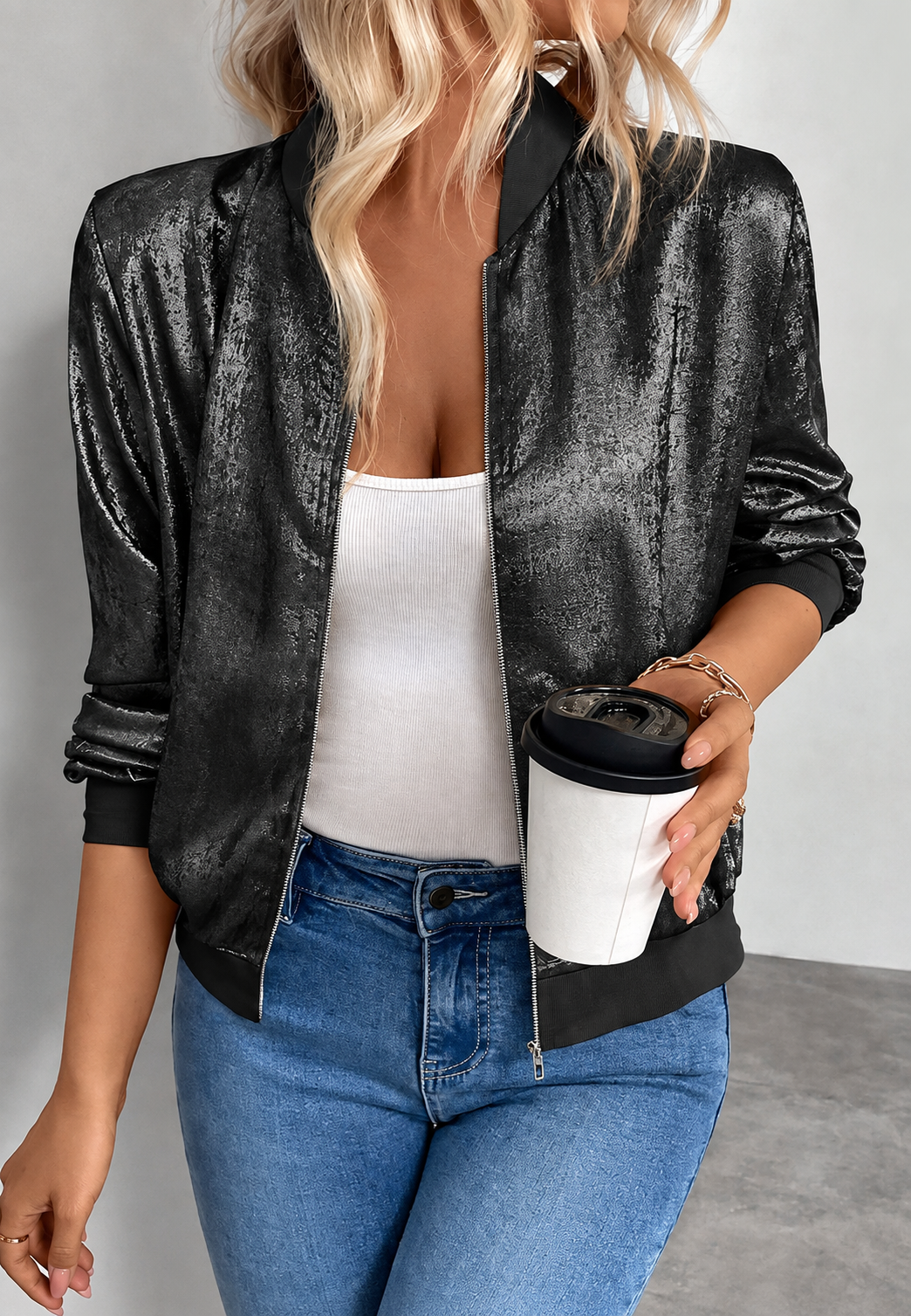Cazadora bomber mujer corta cremallera bajo elástico volumen superior otoño - Nalia