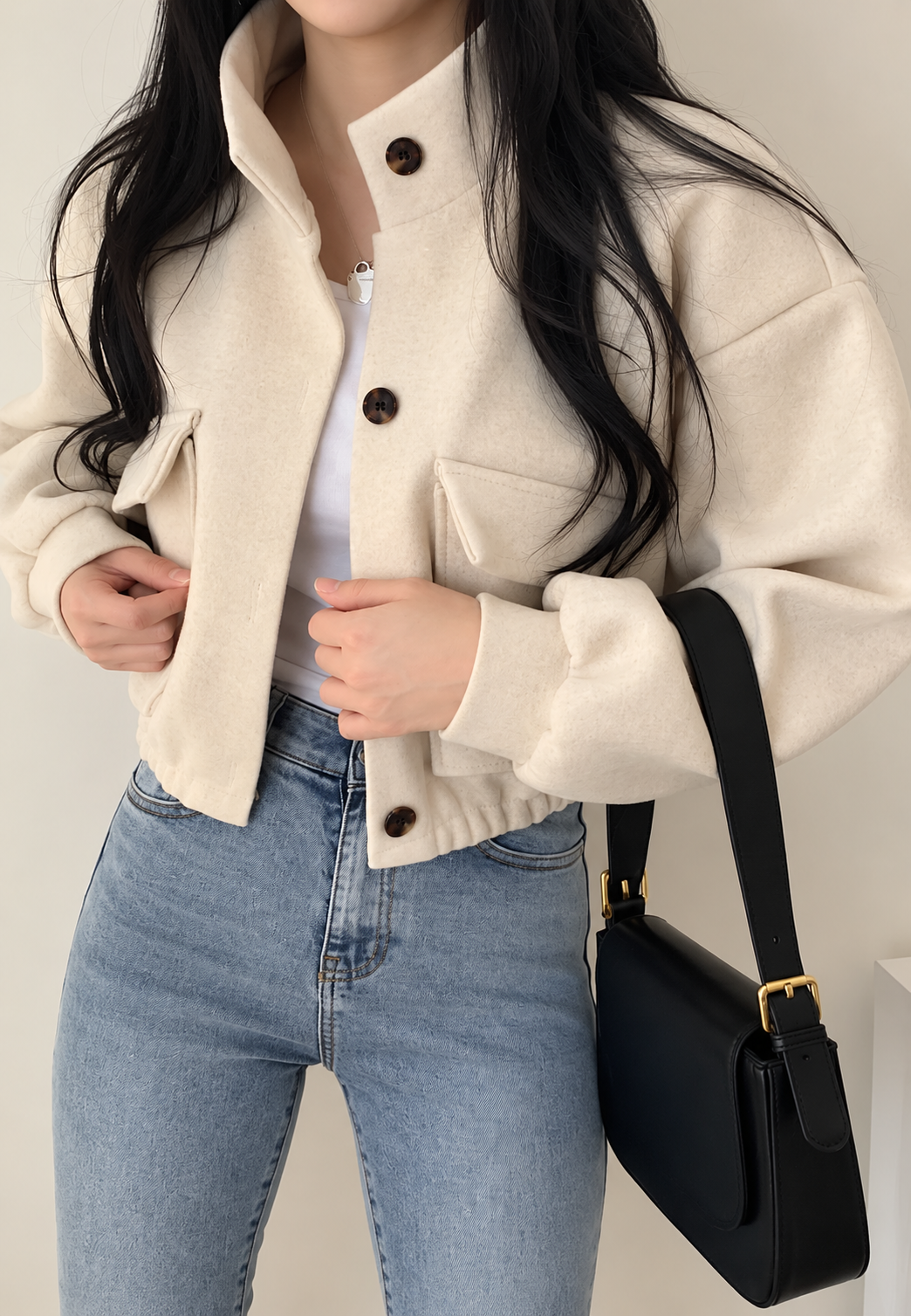 Chaqueta mujer corta cuello alto botones manga amplia afelpada otoño - Aveline