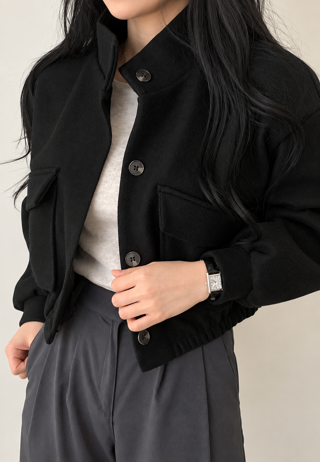 Chaqueta mujer corta cuello alto botones manga amplia afelpada otoño - Aveline