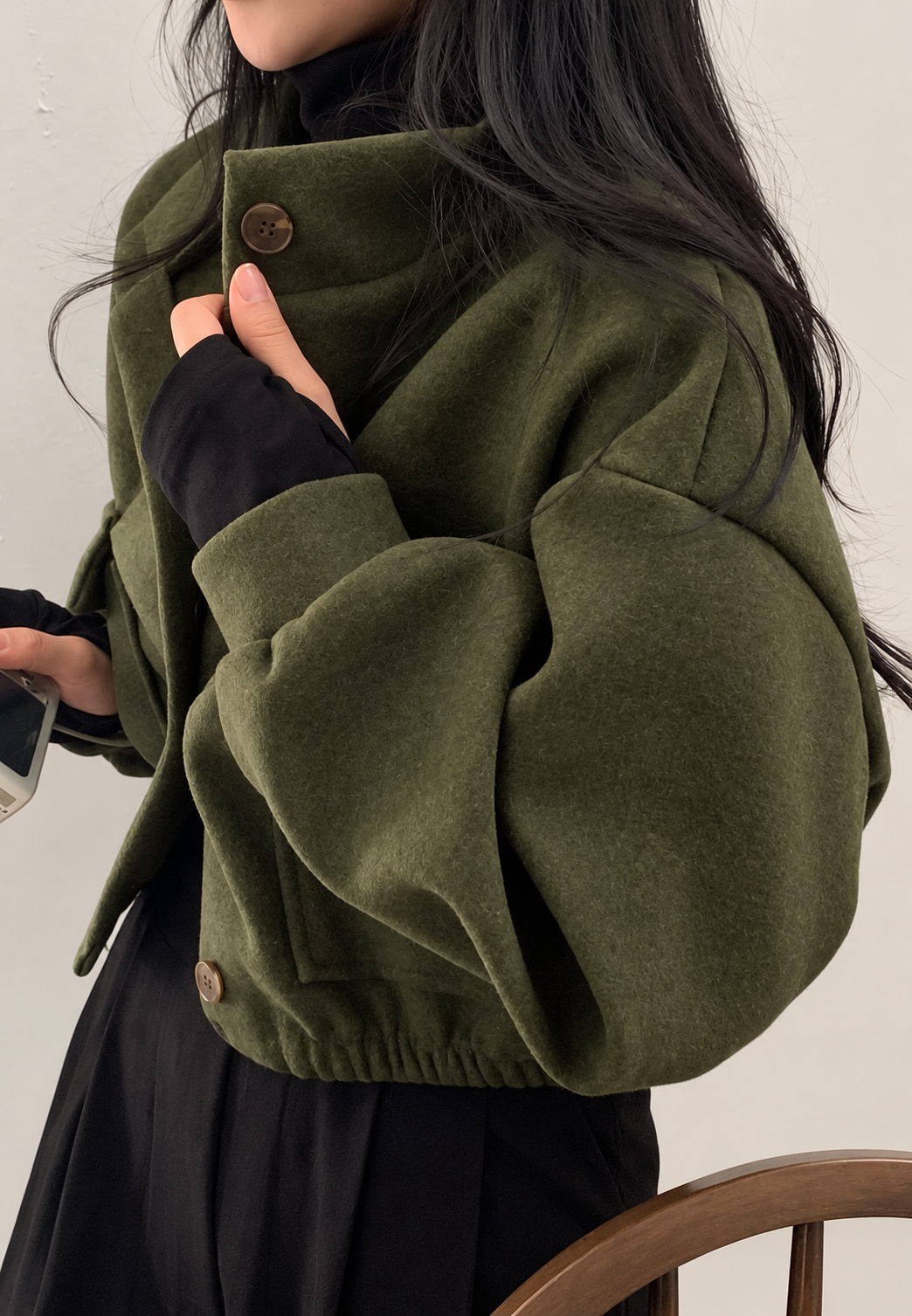 Chaqueta mujer corta cuello alto botones manga amplia afelpada otoño - Aveline