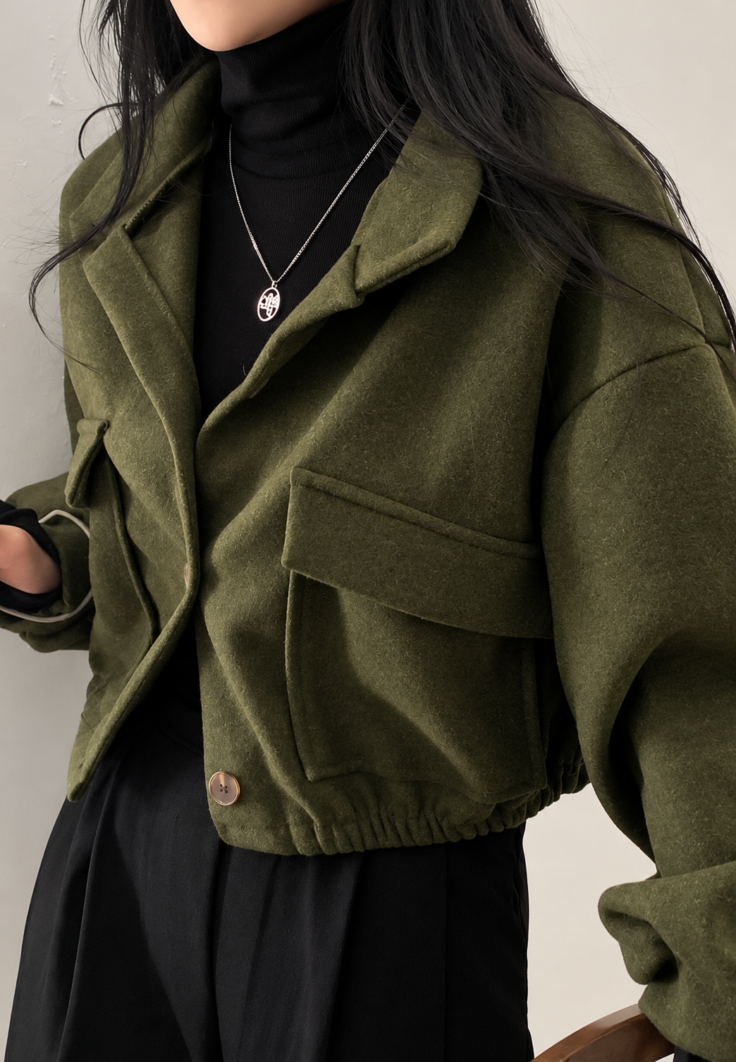 Chaqueta mujer corta cuello alto botones manga amplia afelpada otoño - Aveline