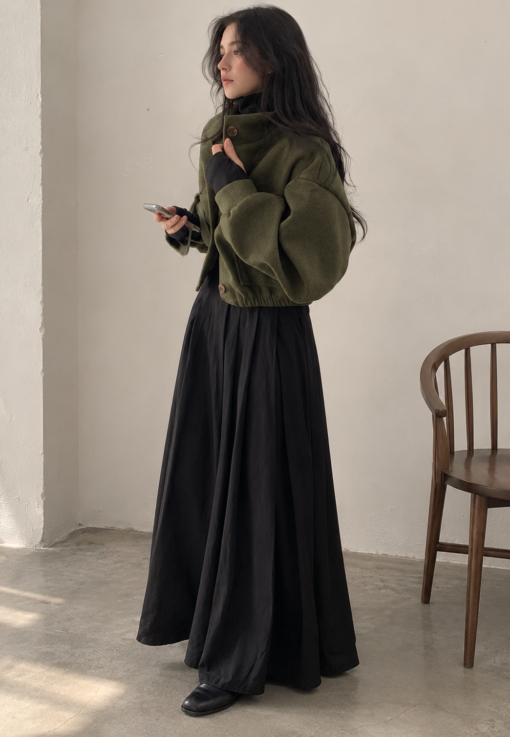 Chaqueta mujer corta cuello alto botones manga amplia afelpada otoño - Aveline