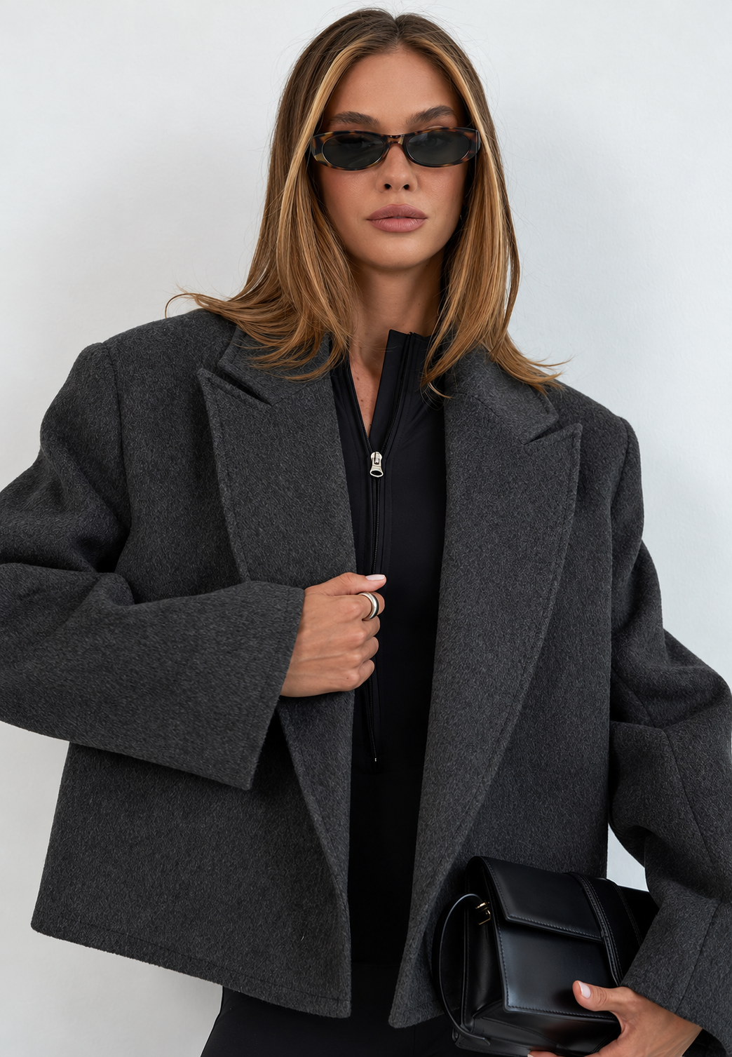 Chaqueta corta mujer solapas cinturón estilo abrigo clásico corte amplio - Ivet