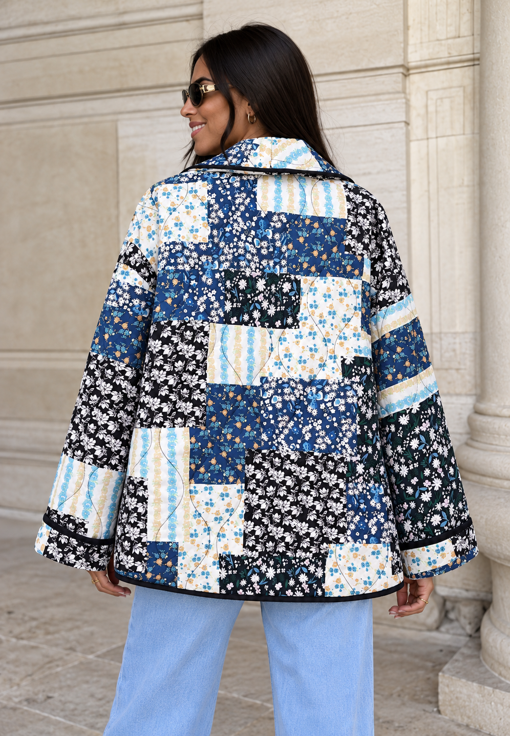 Chaqueta acolchada mujer cuadros florales solapa ancha corte amplio artesanal - Irmela