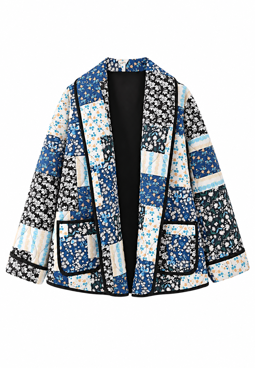 Chaqueta acolchada mujer cuadros florales solapa ancha corte amplio artesanal - Irmela