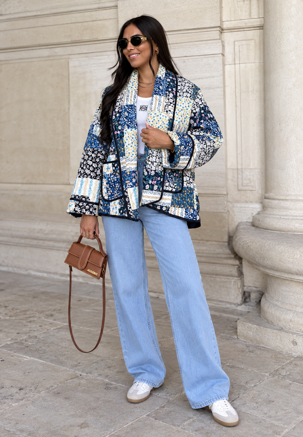 Chaqueta acolchada mujer cuadros florales solapa ancha corte amplio artesanal - Irmela