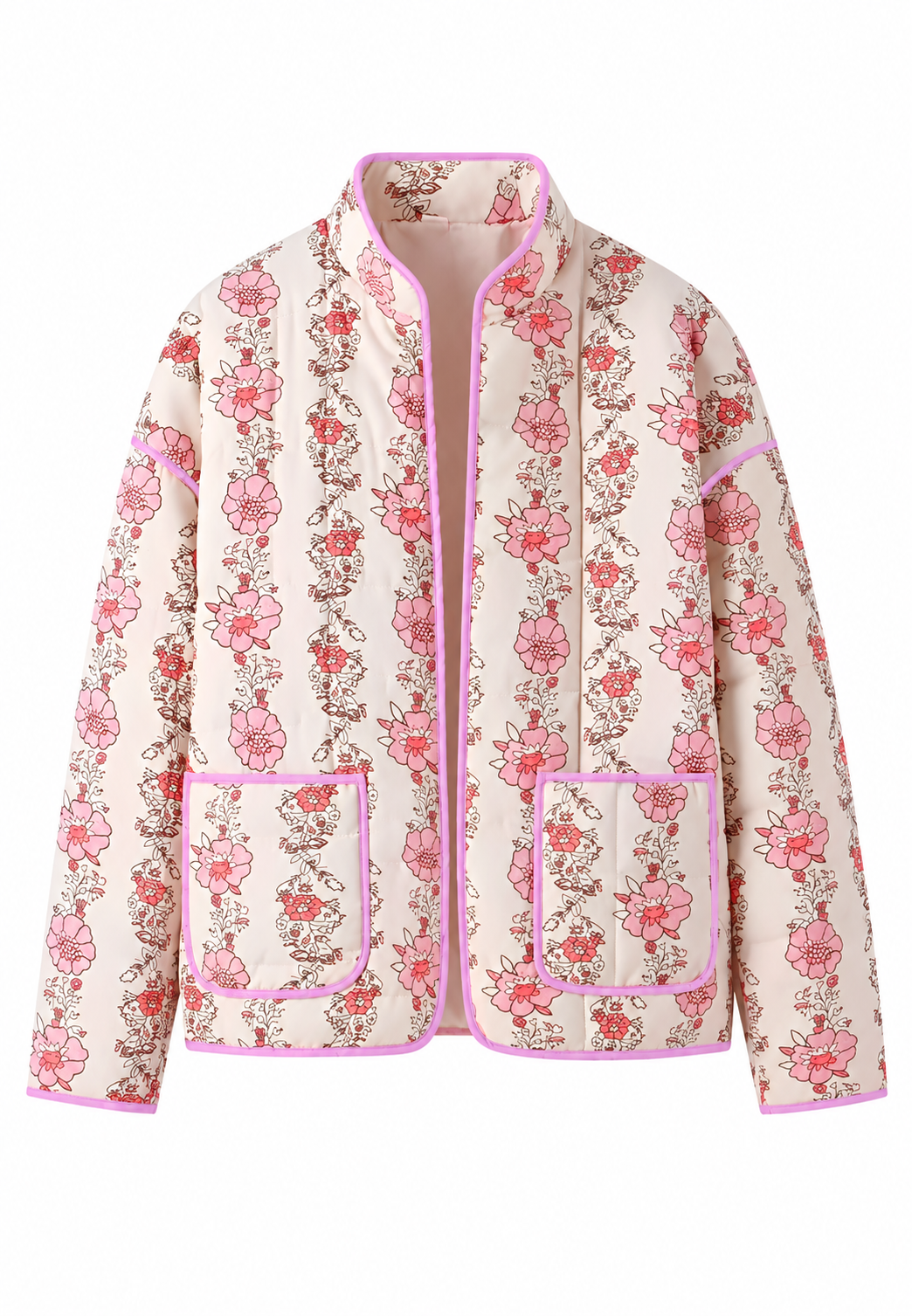 Chaqueta acolchada mujer cuello alto floral hileras verticales ribetes delicada - Ludovica