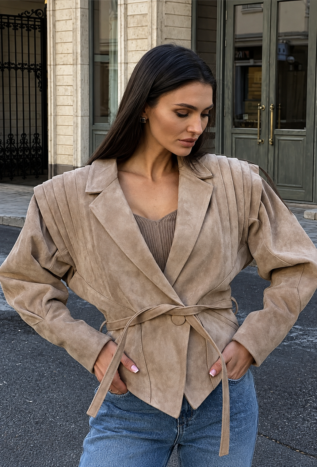 Chaqueta mujer efecto ante cinturón solapas amplias estilo ochentero hombros - Serena