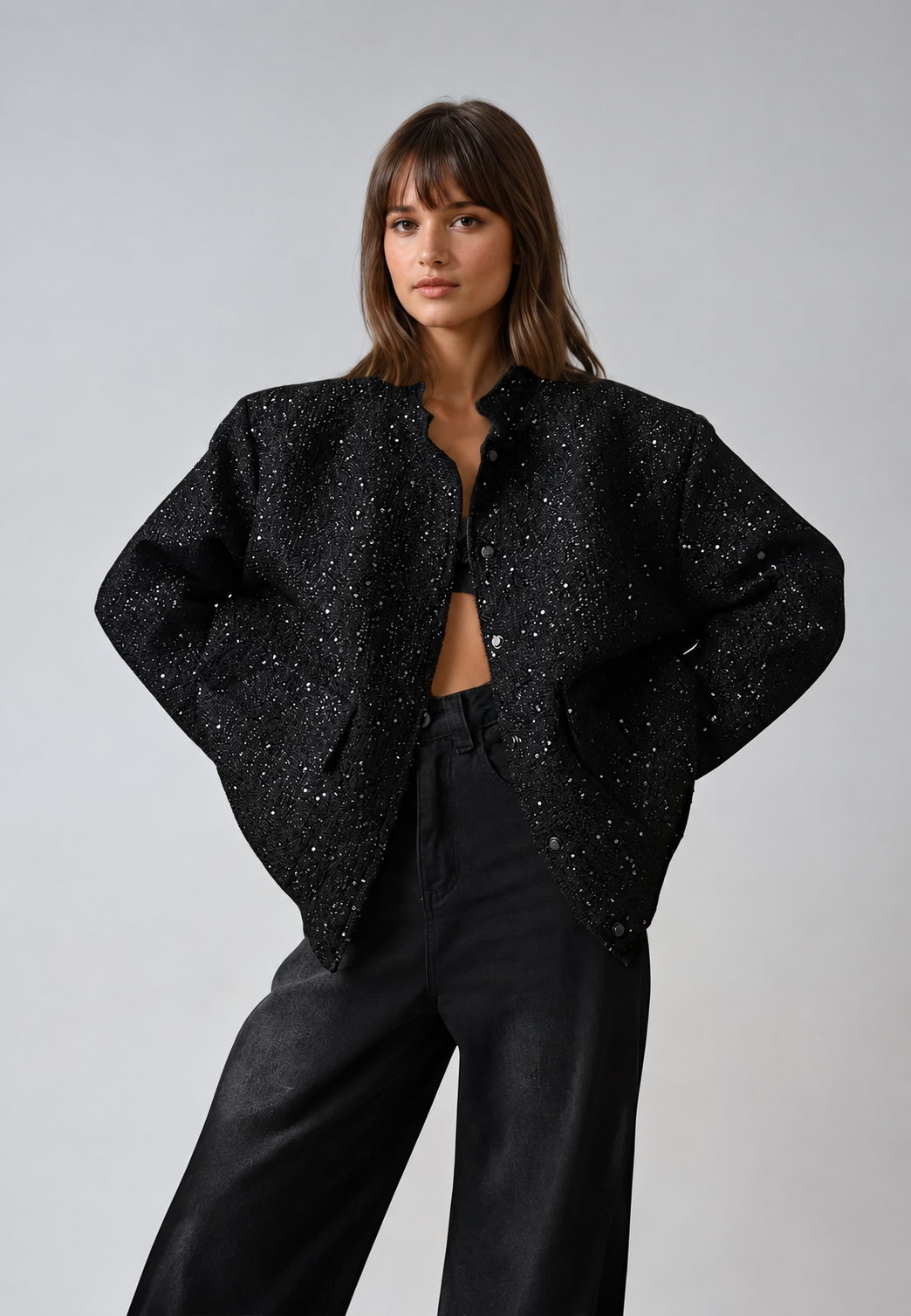 Chaqueta mujer efecto tweed lentejuelas cuello redondo brillo celebraciones - Mirelle