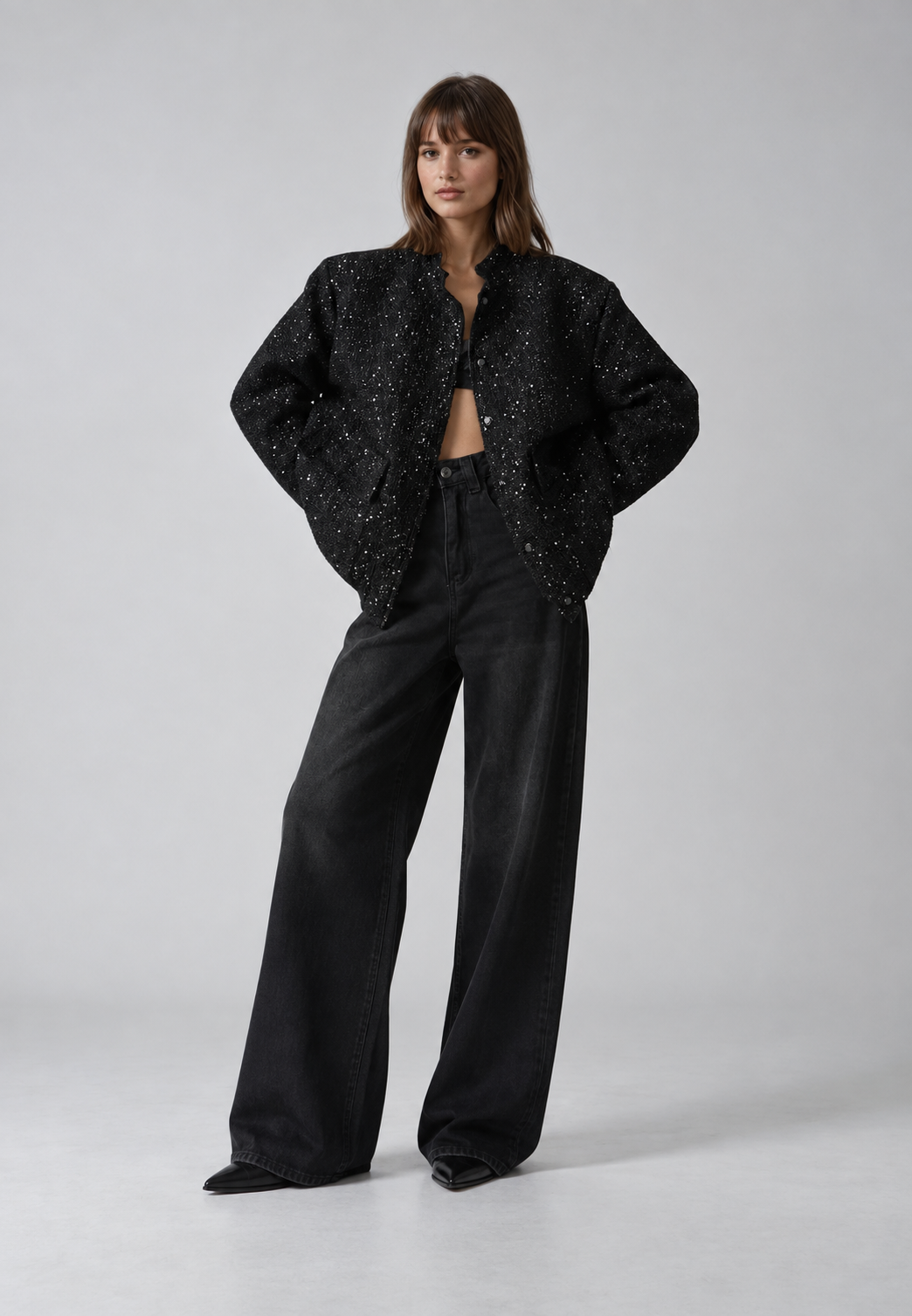 Chaqueta mujer efecto tweed lentejuelas cuello redondo brillo celebraciones - Mirelle