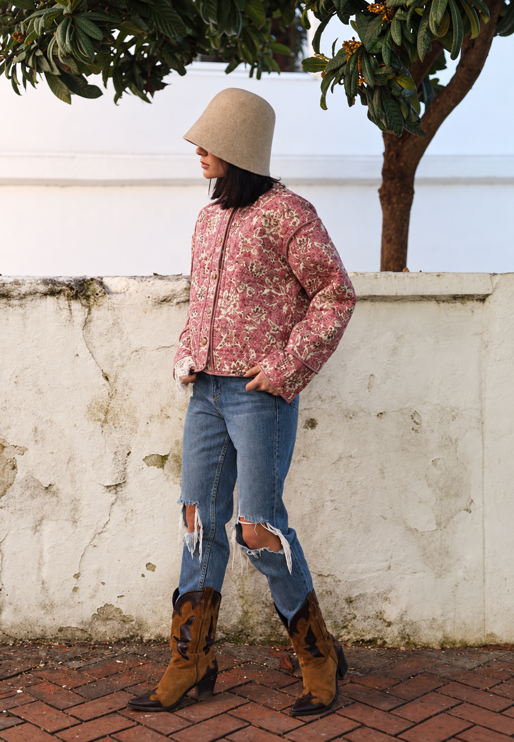 Chaqueta acolchada mujer estampado floral rombos ribetes corte amplio flores pequeñas - Orsina