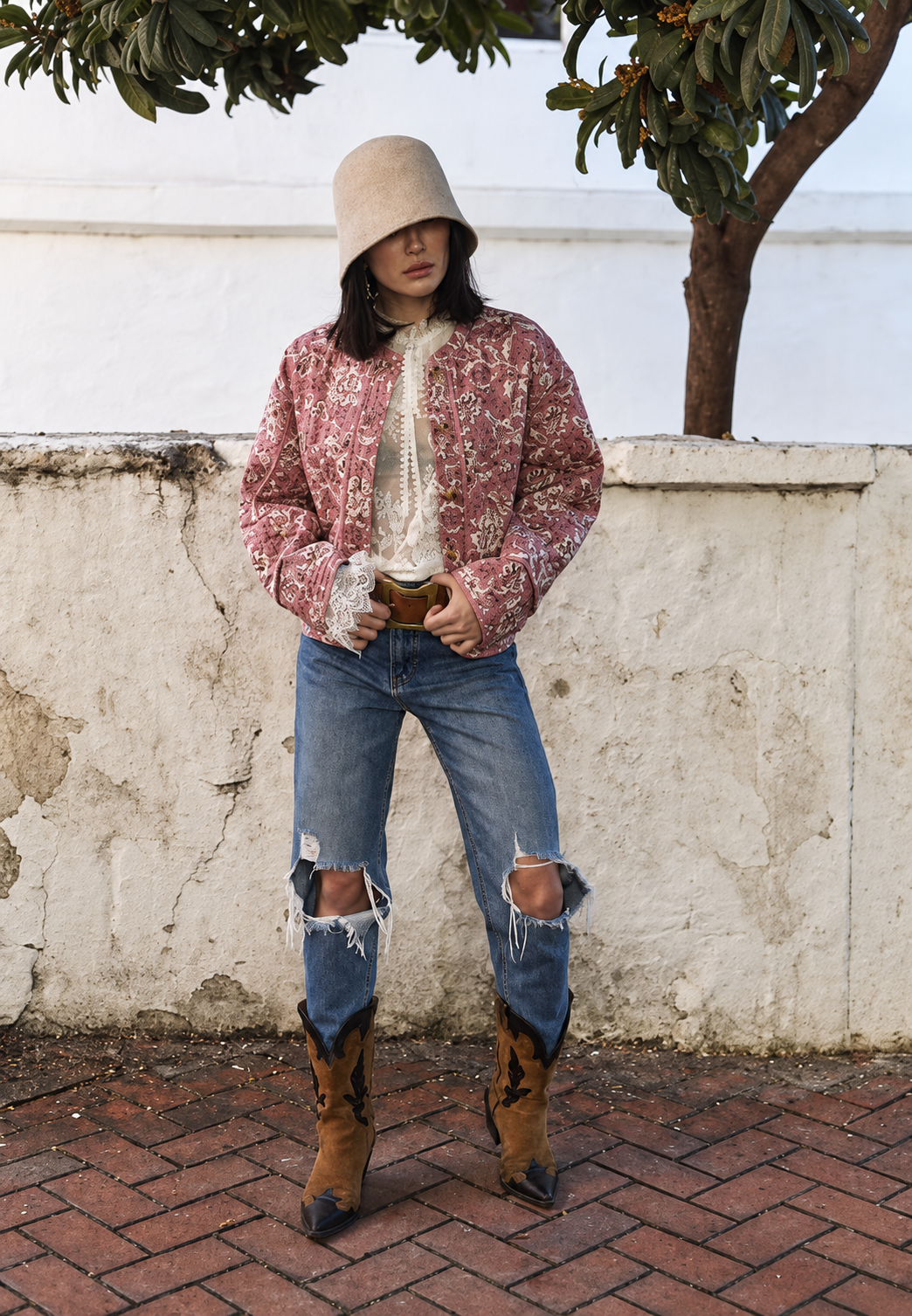 Chaqueta acolchada mujer estampado floral rombos ribetes corte amplio flores pequeñas - Orsina