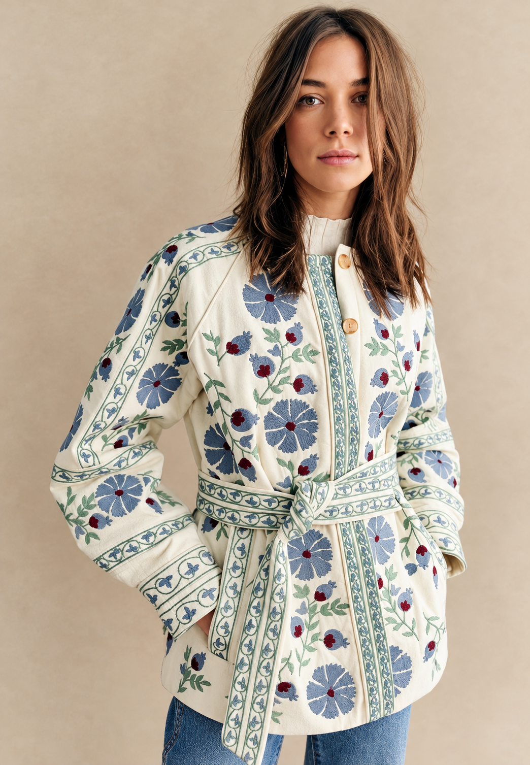 Chaqueta mujer floral cinturón ajustable manga larga capa ligera color otoño - Jette