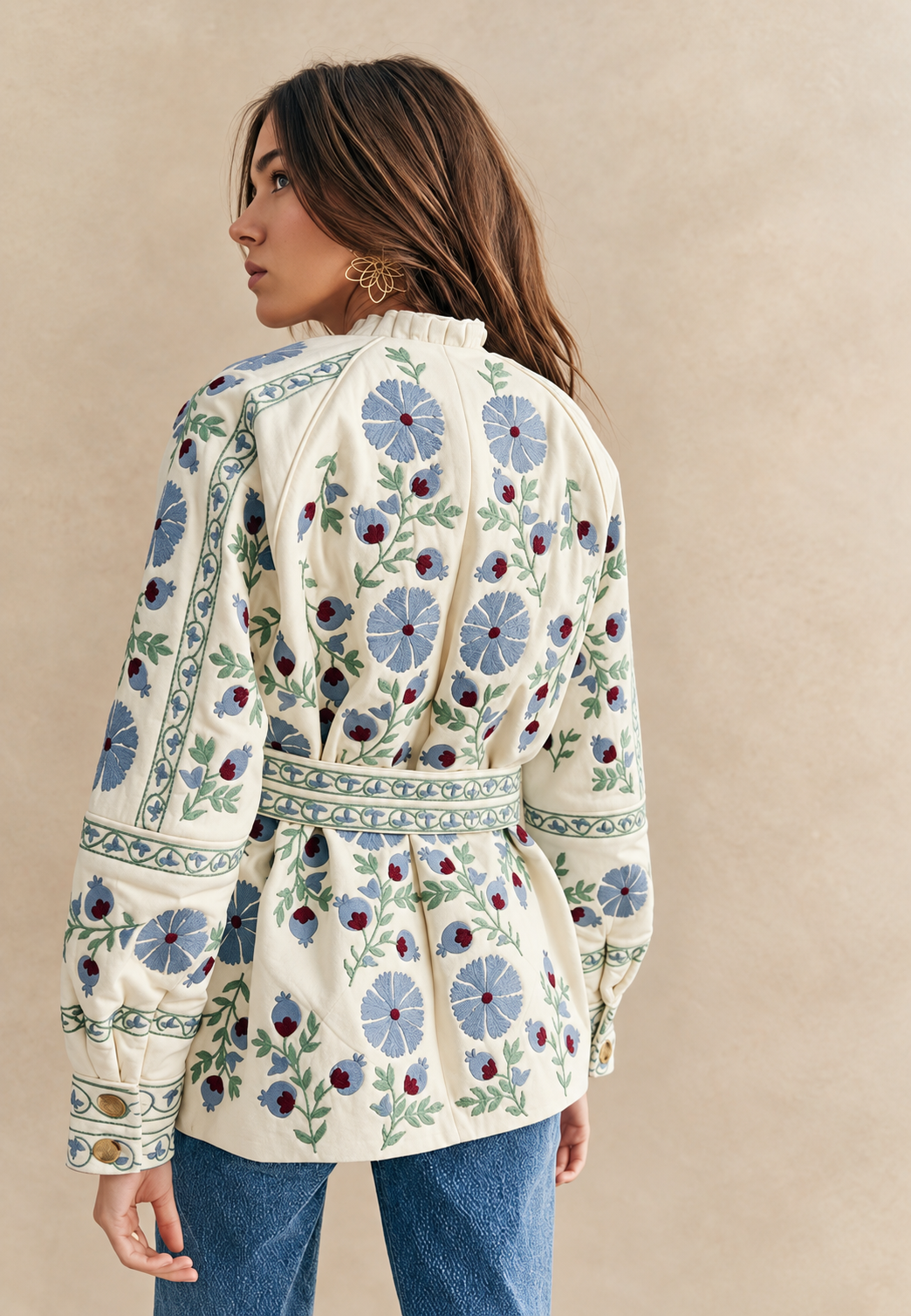 Chaqueta mujer floral cinturón ajustable manga larga capa ligera color otoño - Jette