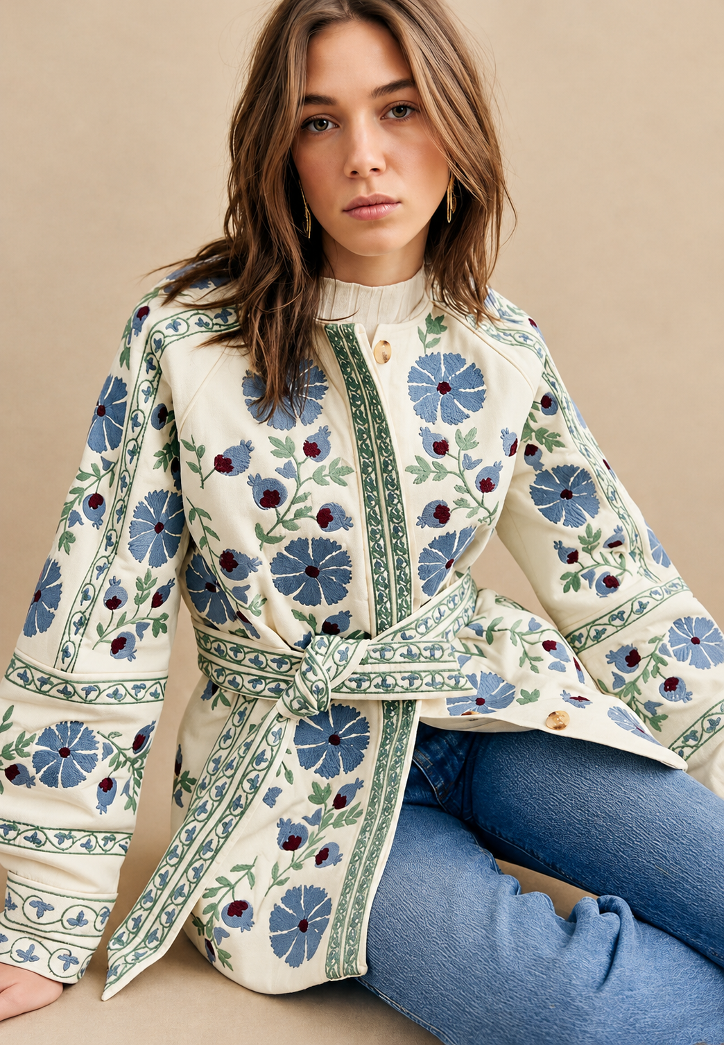 Chaqueta mujer floral cinturón ajustable manga larga capa ligera color otoño - Jette