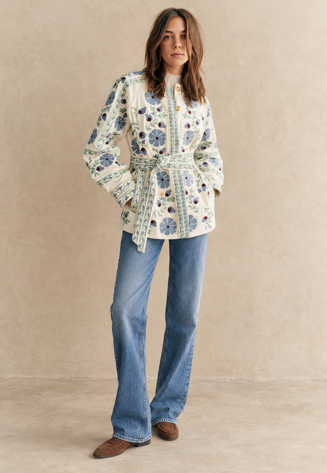 Chaqueta mujer floral cinturón ajustable manga larga capa ligera color otoño - Jette