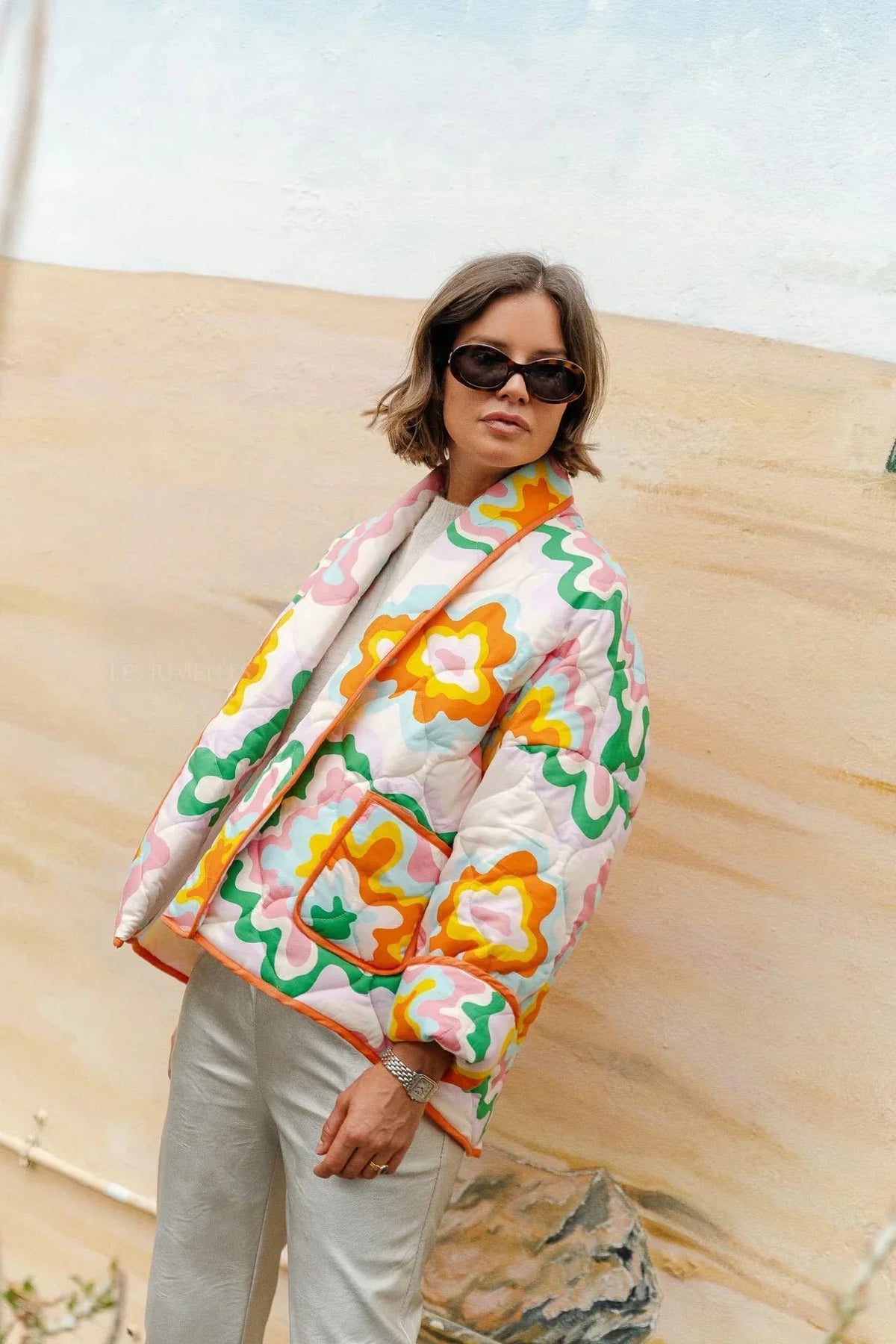 Chaqueta mujer flores grandes acolchado rombos estilo boho retro formas onduladas - Mirthe