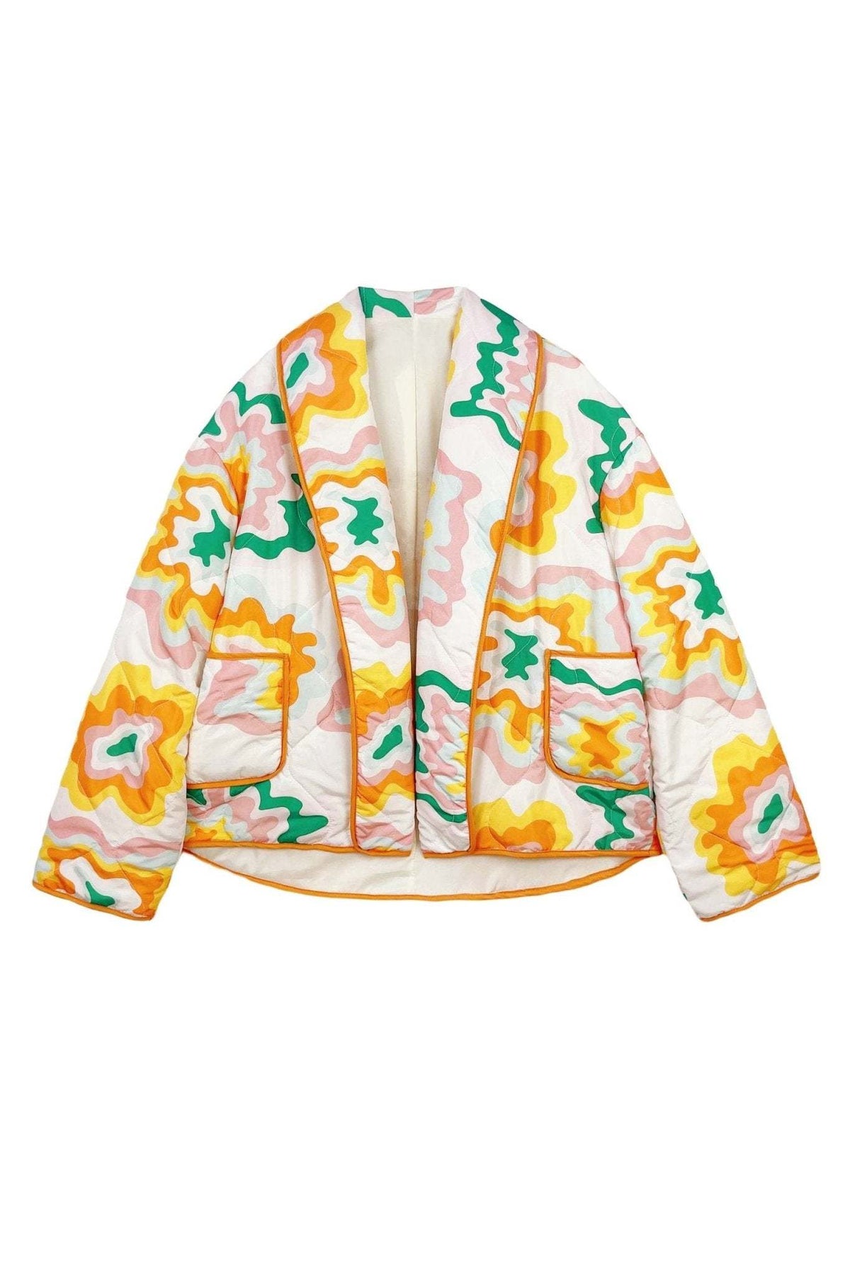 Chaqueta mujer flores grandes acolchado rombos estilo boho retro formas onduladas - Mirthe
