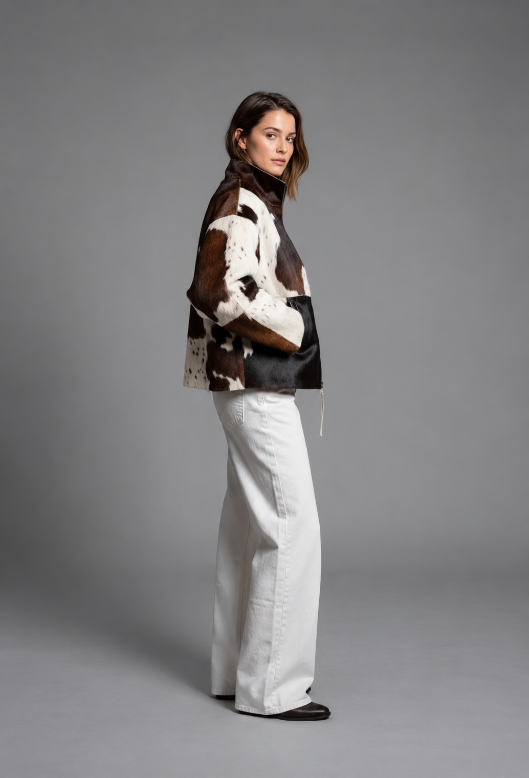 Chaqueta mujer pelo sintético estampado vaca cuello alto animal print - Gesine