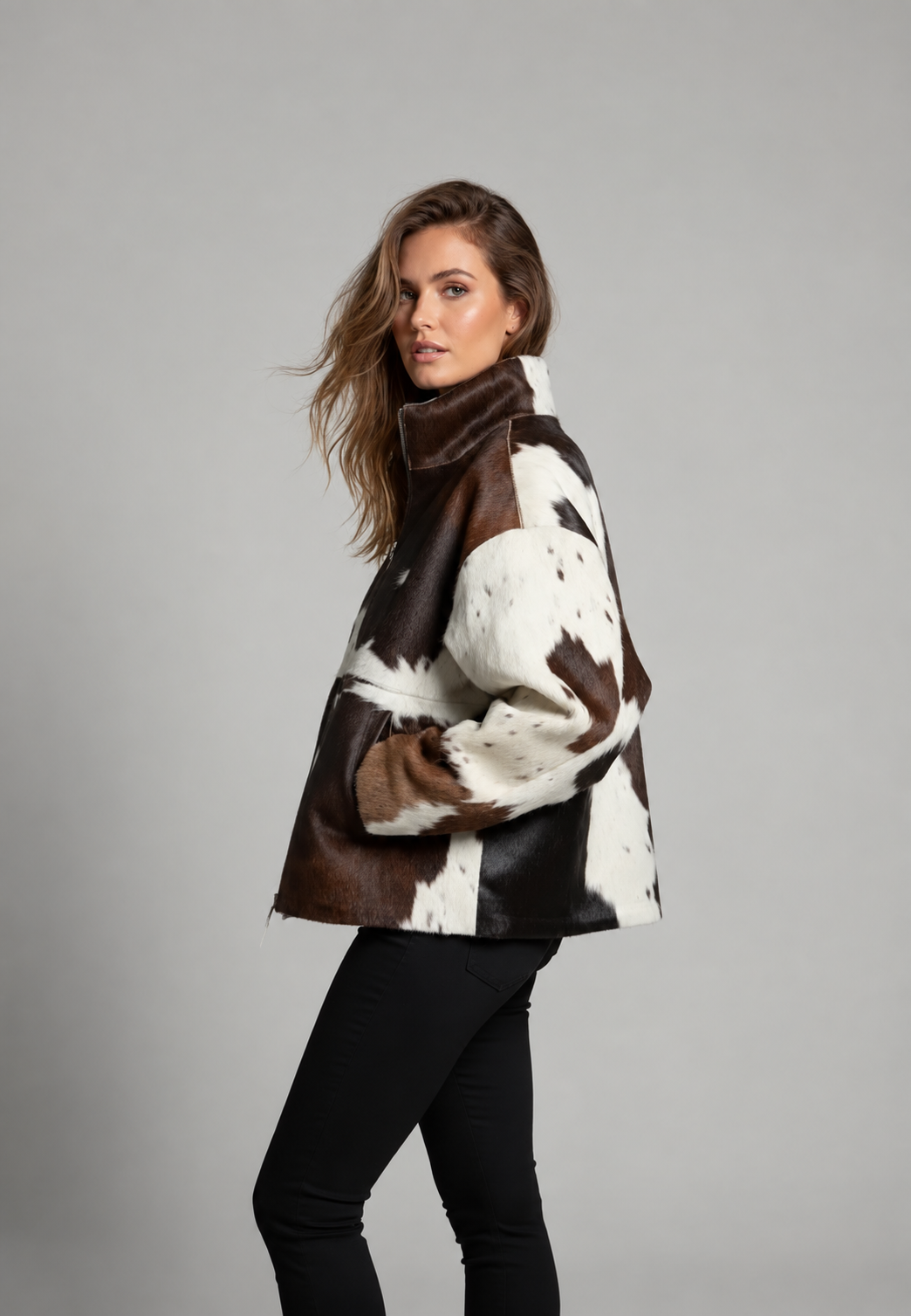 Chaqueta mujer pelo sintético estampado vaca cuello alto animal print - Gesine
