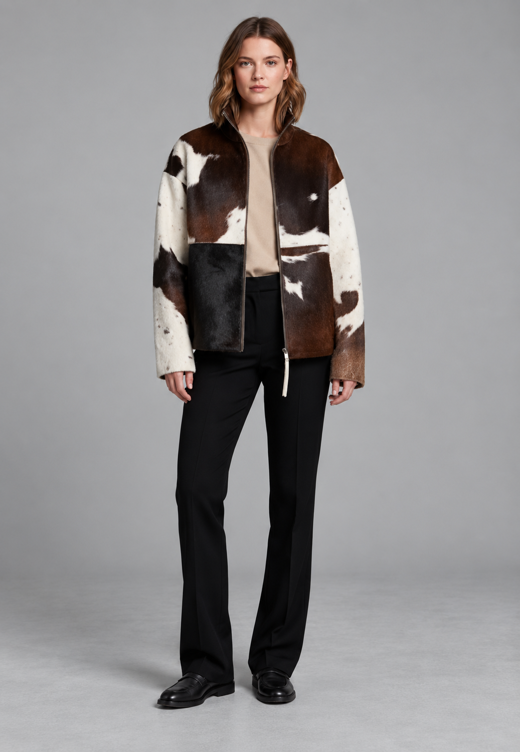 Chaqueta mujer pelo sintético estampado vaca cuello alto animal print - Gesine