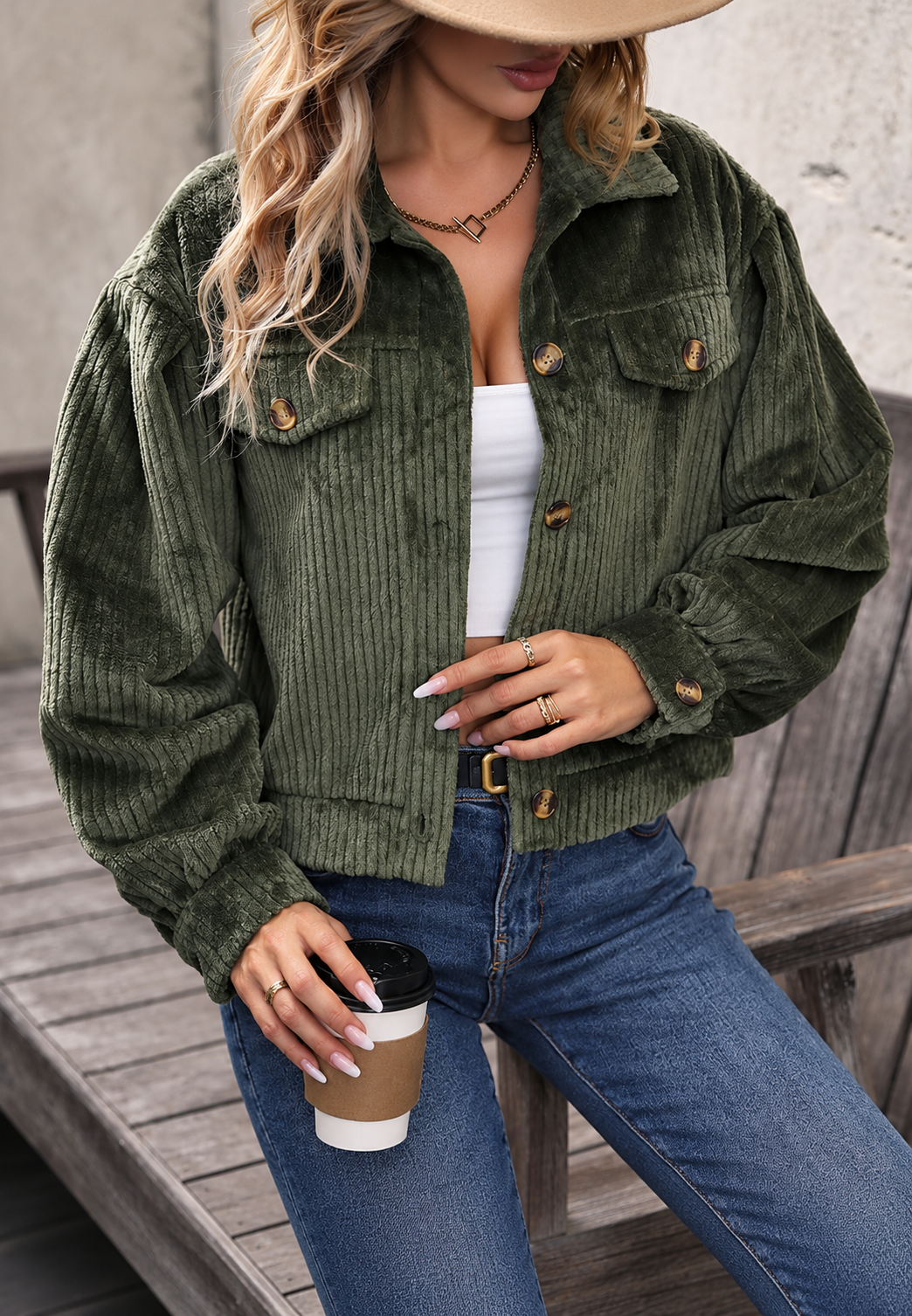 Chaqueta pana mujer corta cuello camisero bolsillos solapa casual otoño - Clémence