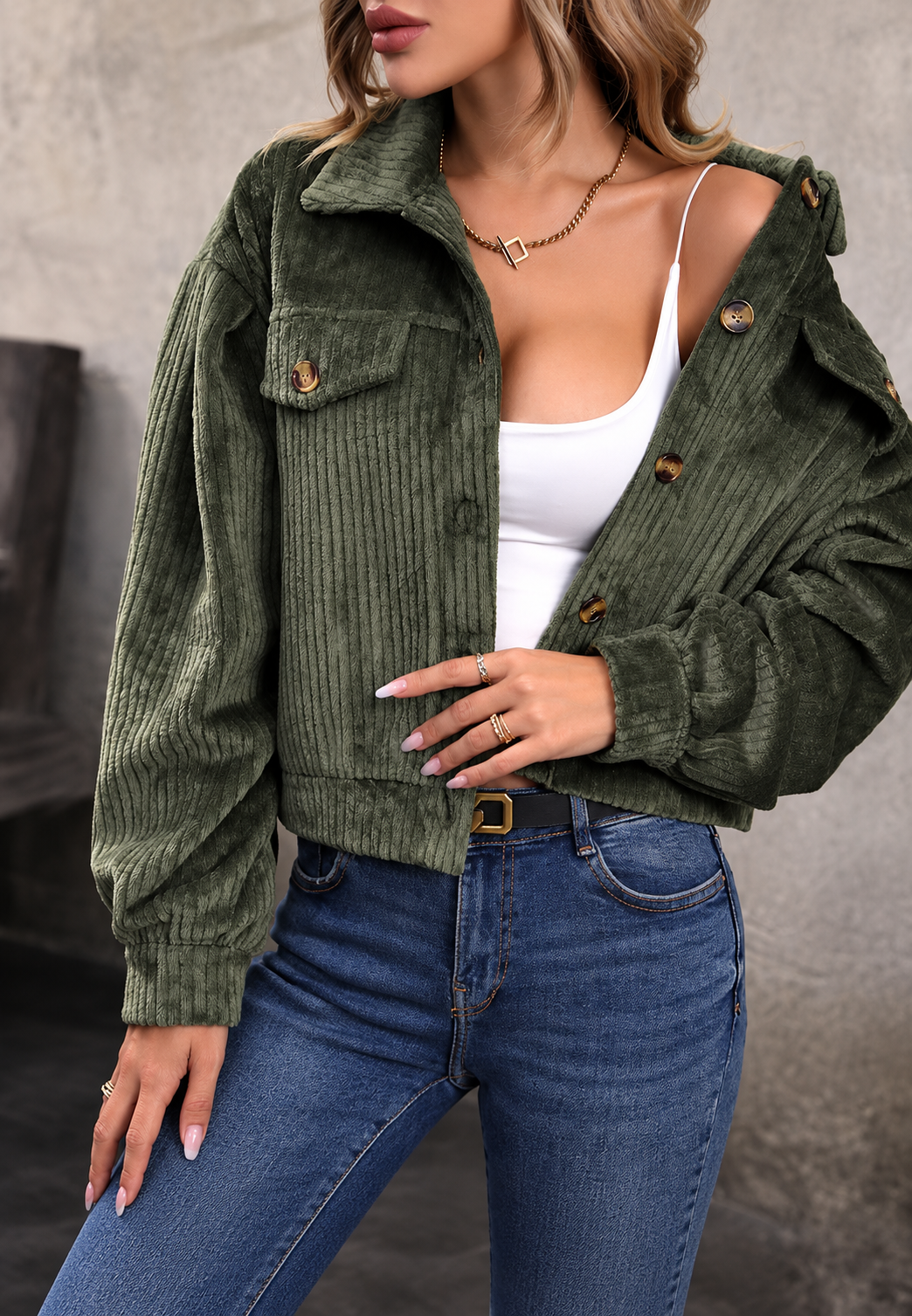 Chaqueta pana mujer corta cuello camisero bolsillos solapa casual otoño - Clémence