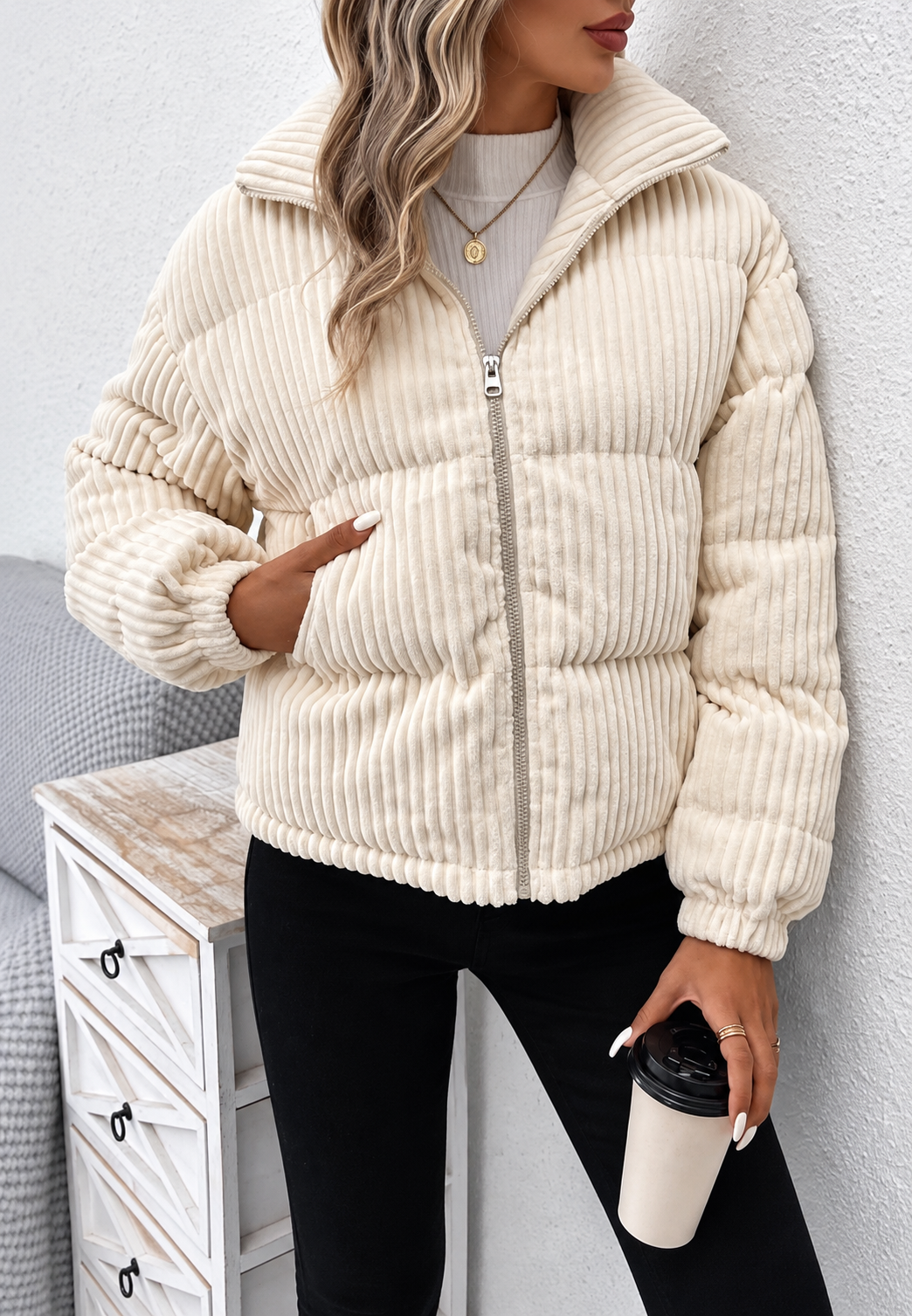 Chaqueta pana mujer cuello alto cremallera bolsillos laterales corte suelto - Eline