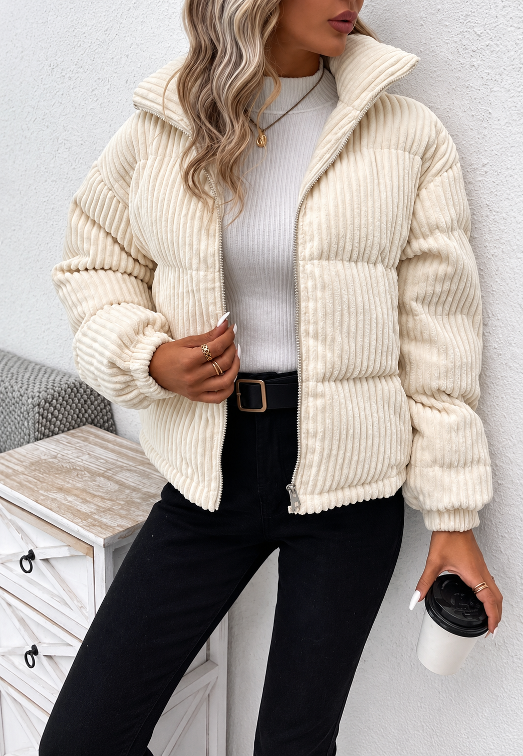 Chaqueta pana mujer cuello alto cremallera bolsillos laterales corte suelto - Eline