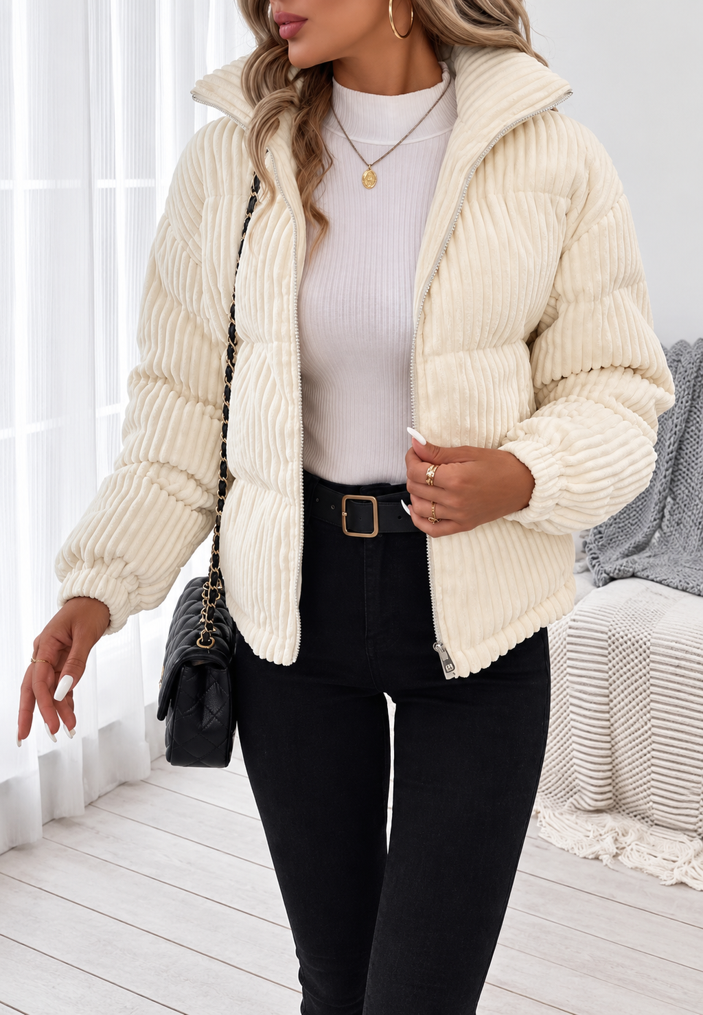 Chaqueta pana mujer cuello alto cremallera bolsillos laterales corte suelto - Eline