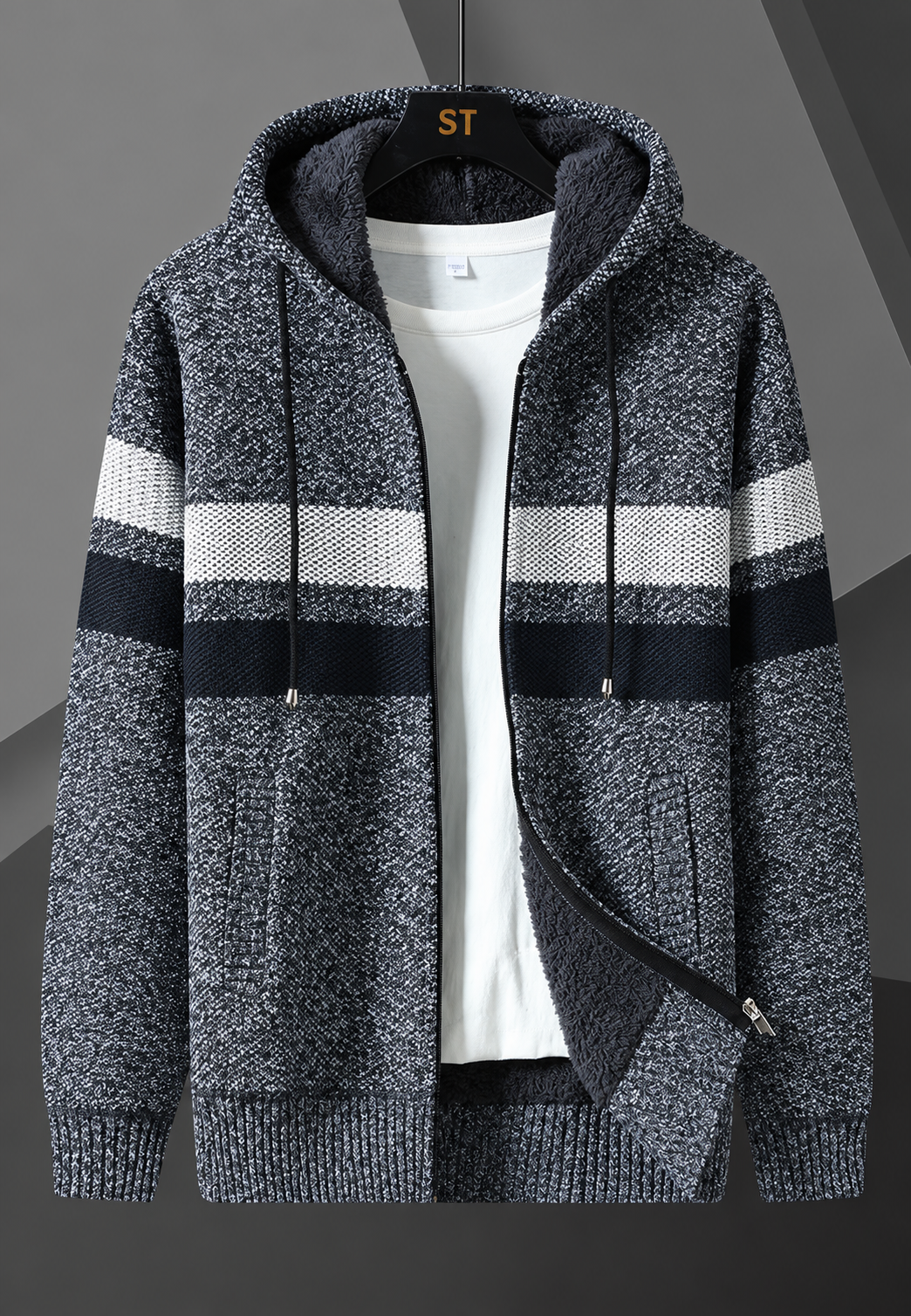 Chaqueta punto hombre capucha ajustable rayas horizontales forro afelpado cálida - Rovian