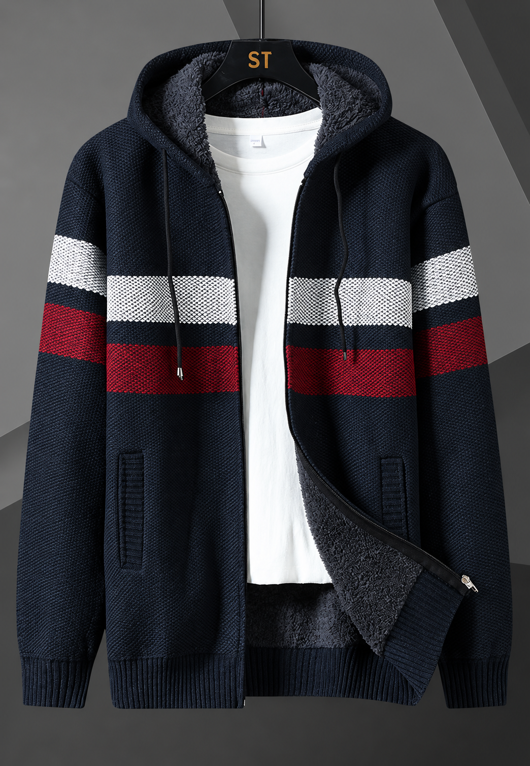 Chaqueta punto hombre capucha ajustable rayas horizontales forro afelpado cálida - Rovian