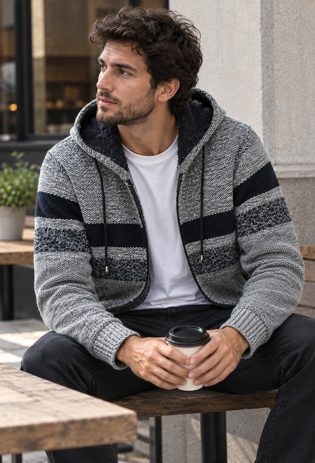 Chaqueta punto hombre capucha ajustable rayas horizontales forro afelpado cálida - Rovian