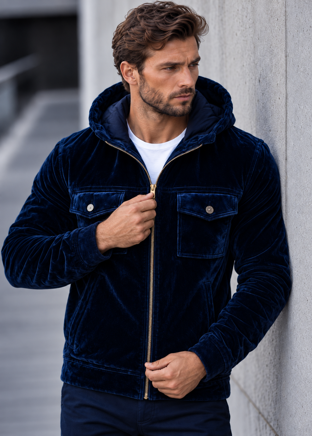 Chaqueta terciopelo hombre capucha cremallera casual textura rica otoño - Loïc