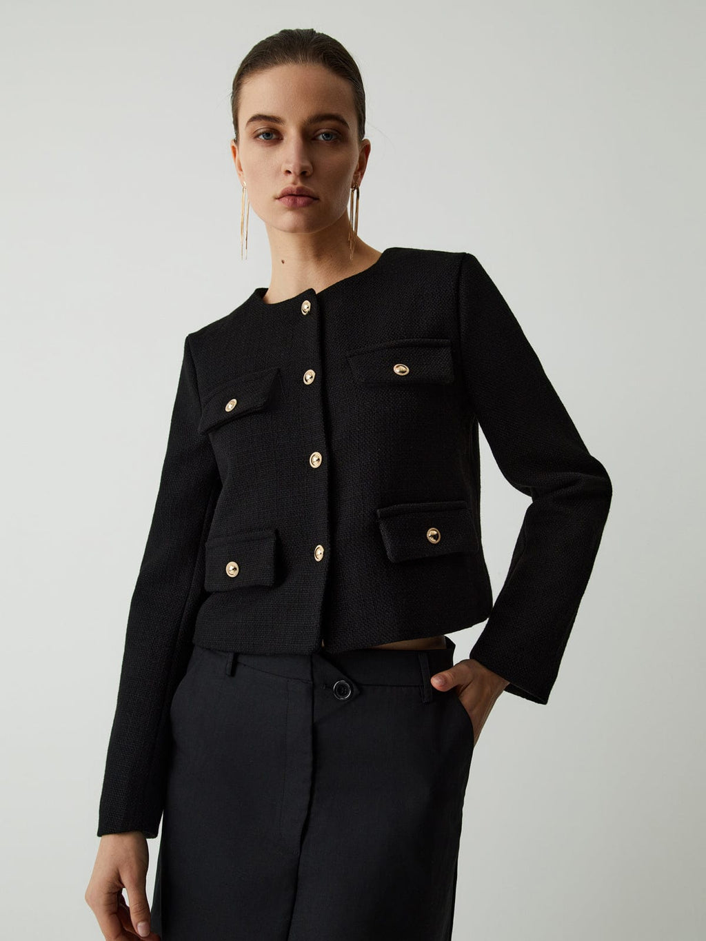 Chaqueta tweed mujer corta cuello redondo botones dorados bolsillos solapa - Miriam