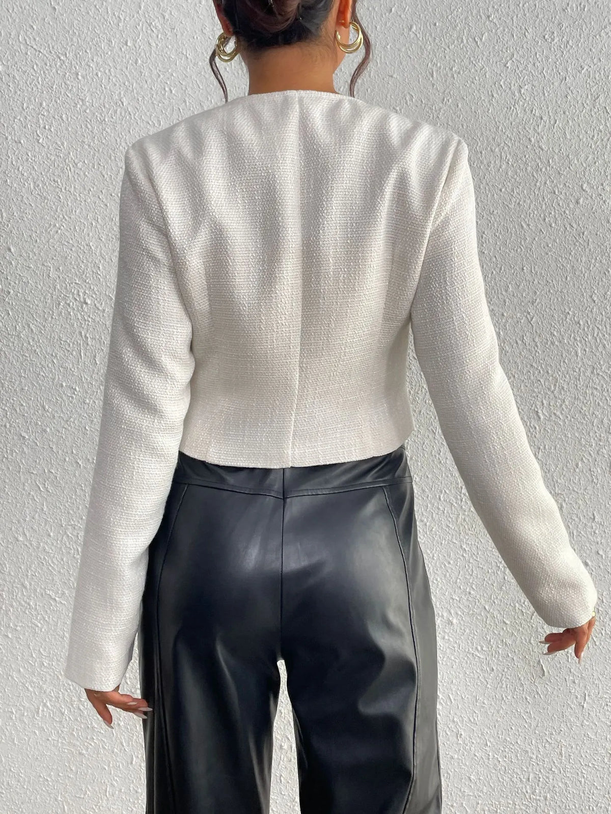 Chaqueta tweed mujer corta cuello redondo lazos satinados manga larga - Silke