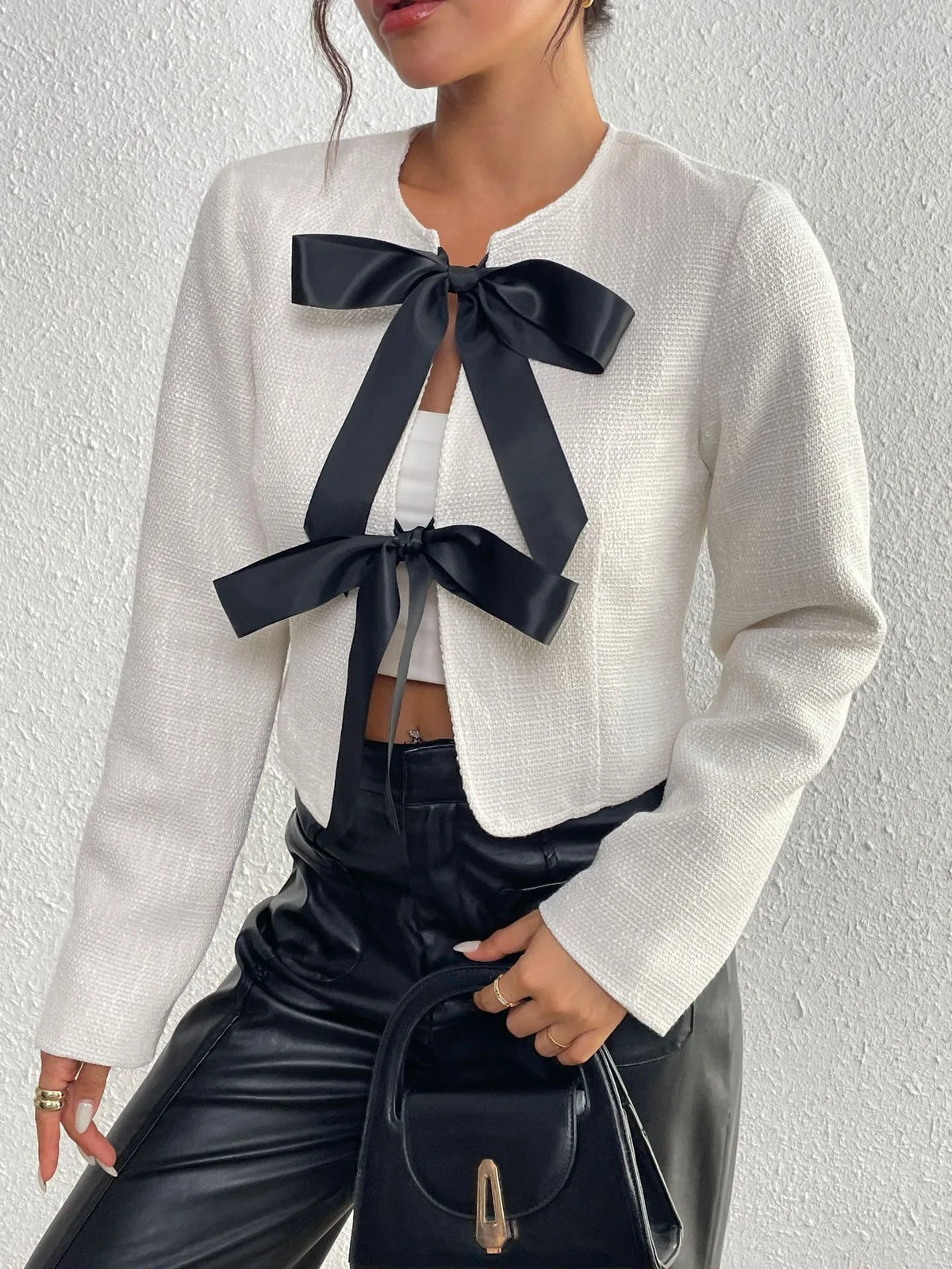 Chaqueta tweed mujer corta cuello redondo lazos satinados manga larga - Silke