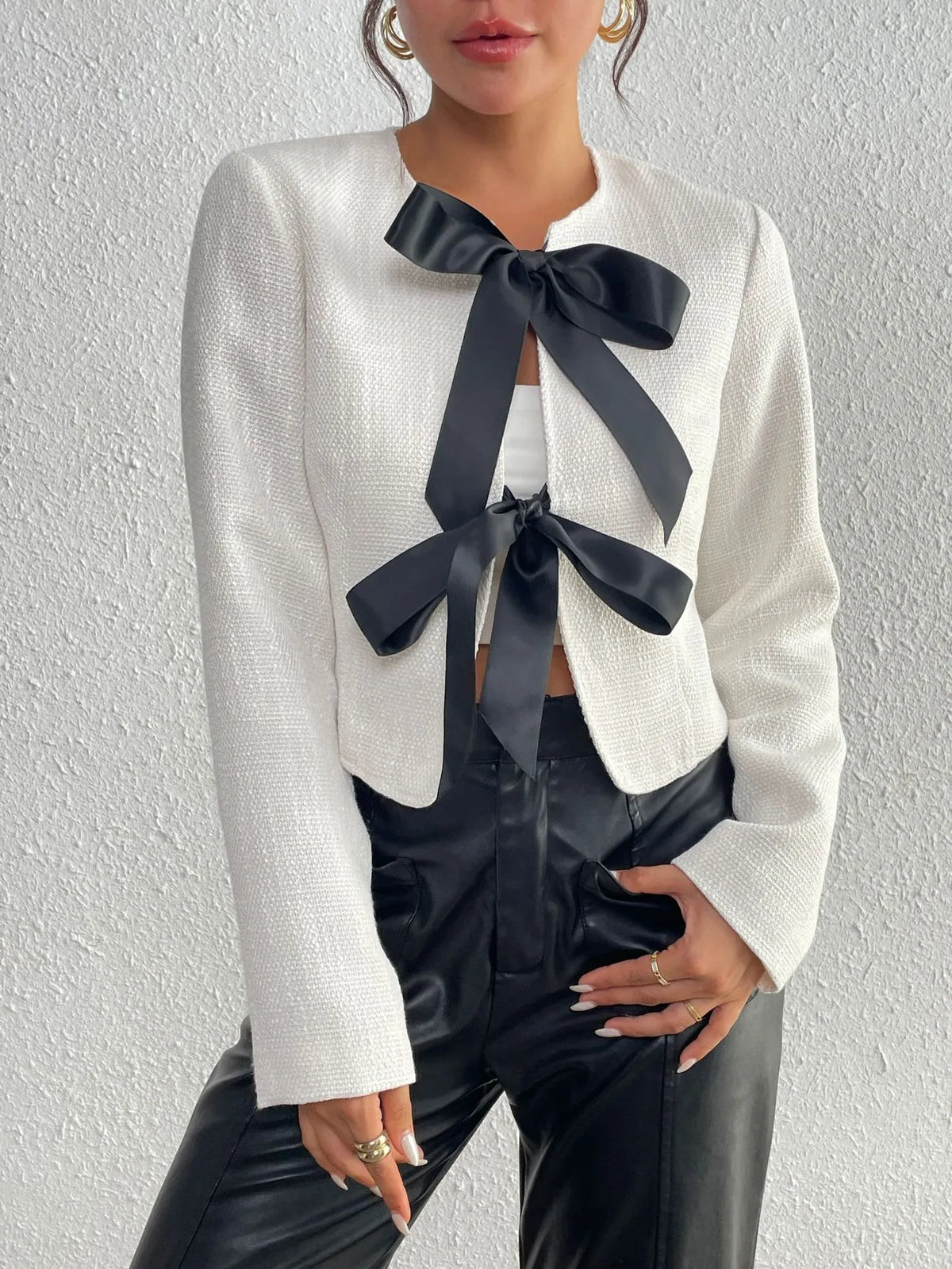 Chaqueta tweed mujer corta cuello redondo lazos satinados manga larga - Silke
