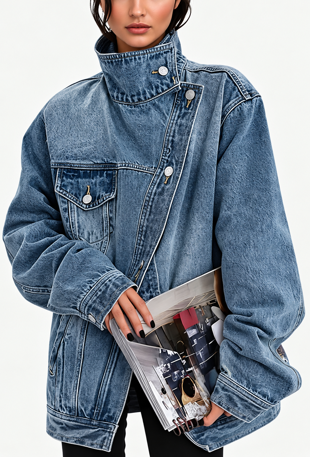 Chaqueta vaquera denim mujer cuello alto botones laterales corte amplio cadera - Maura