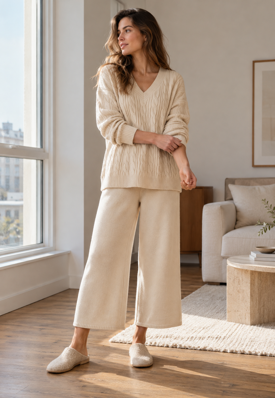 Conjunto mujer punto trenzado jersey escote pico pantalón ancho dos piezas - Nélida