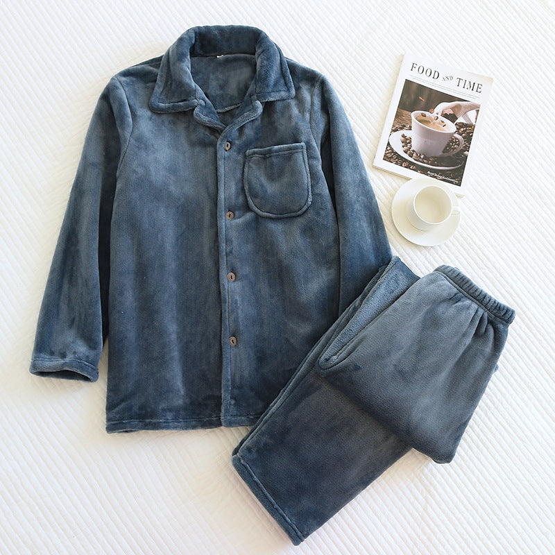 Pijama para hombre de tejido afelpado con cierre frontal y bolsillo de invierno suave