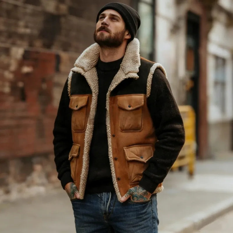 Chaleco hombre vintage color block forro borreguito urbano cálido retro - Émeric