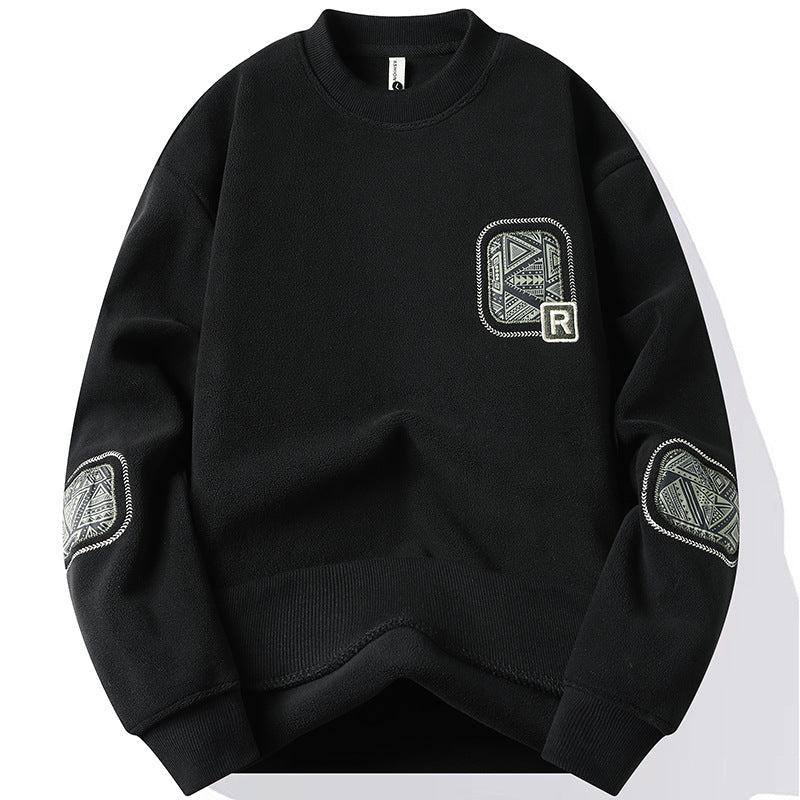 Pullover para hombre con cuello redondo y parches decorativos cosidos en pecho y mangas estilo casual