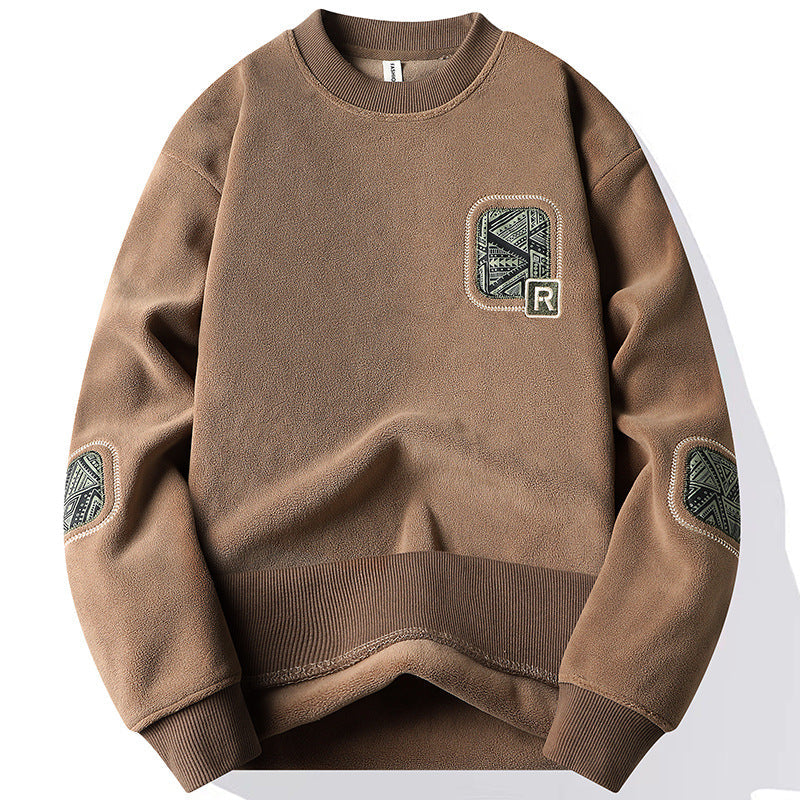 Pullover para hombre con cuello redondo y parches decorativos cosidos en pecho y mangas estilo casual