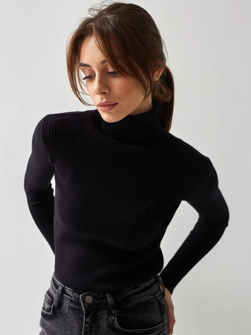 Jersey mujer cuello vuelto punto canalé ajustado fino sin volumen capa - Nélida