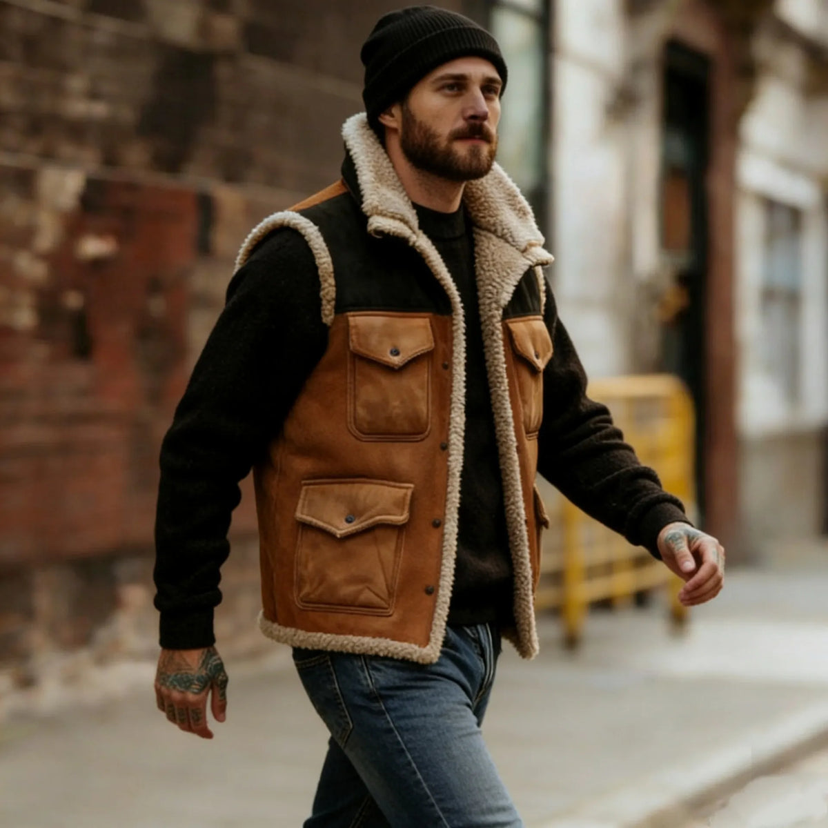 Chaleco hombre vintage color block forro borreguito urbano cálido retro - Émeric