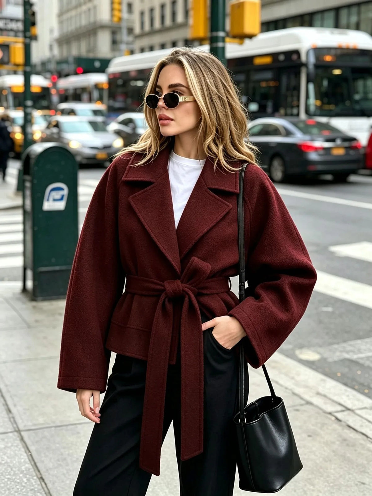 Chaqueta corta mujer paño cinturón solapas anchas elegante atemporal invierno - Calina