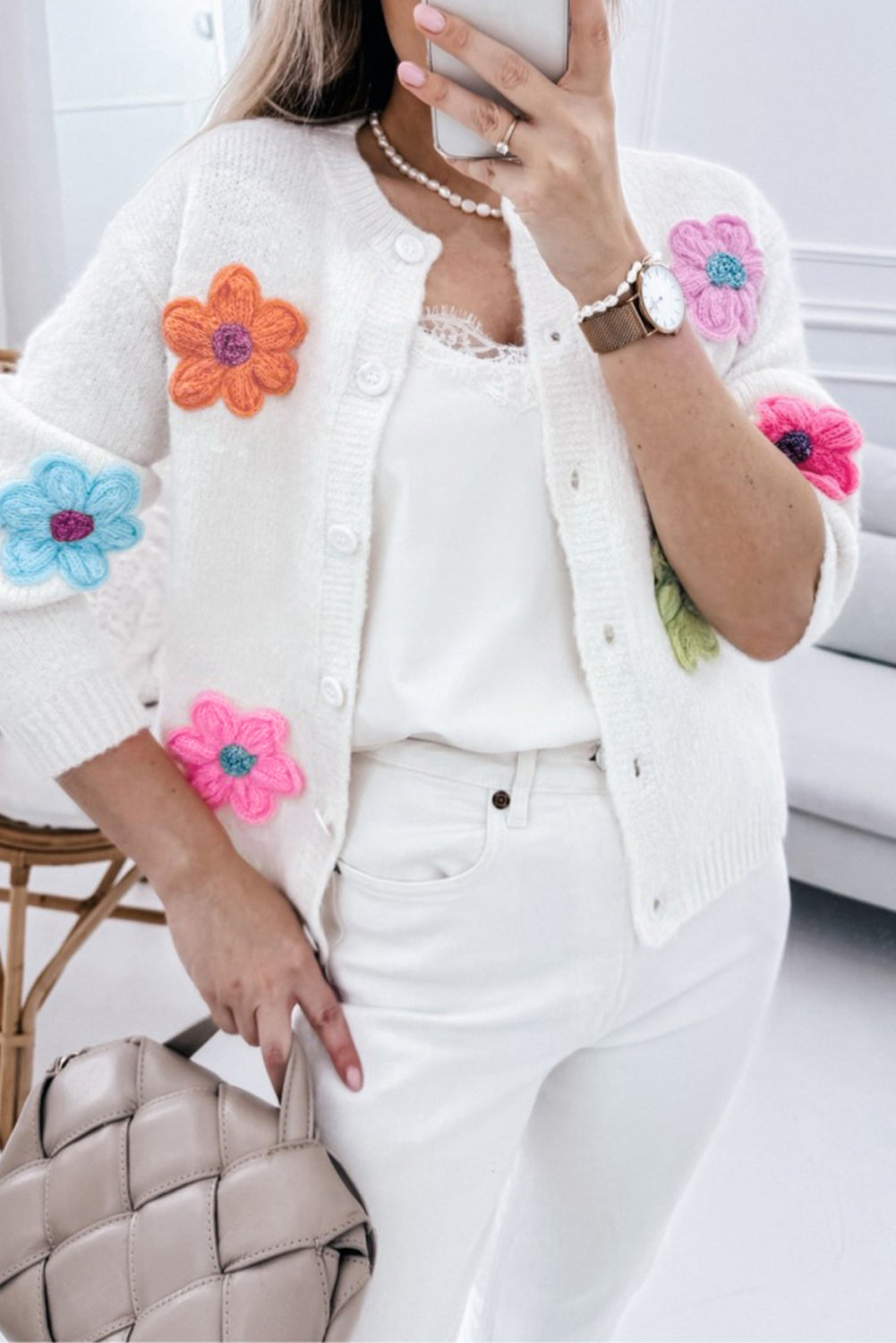 Arielle - Precioso cárdigan tricotado floral con botonadura